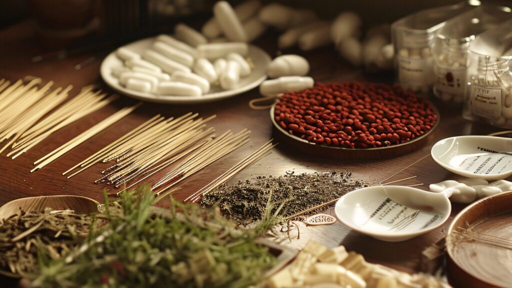 picture of acupuncture needles and herbs on a table